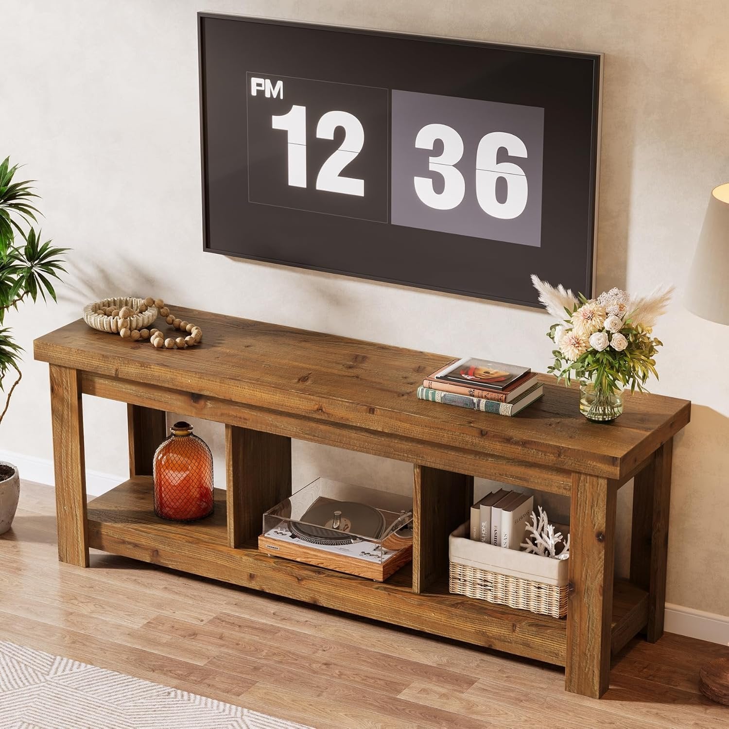 63" Solid Wood TV Stand With 3 Open Shelves for 55/60/65/75-Inch TVs