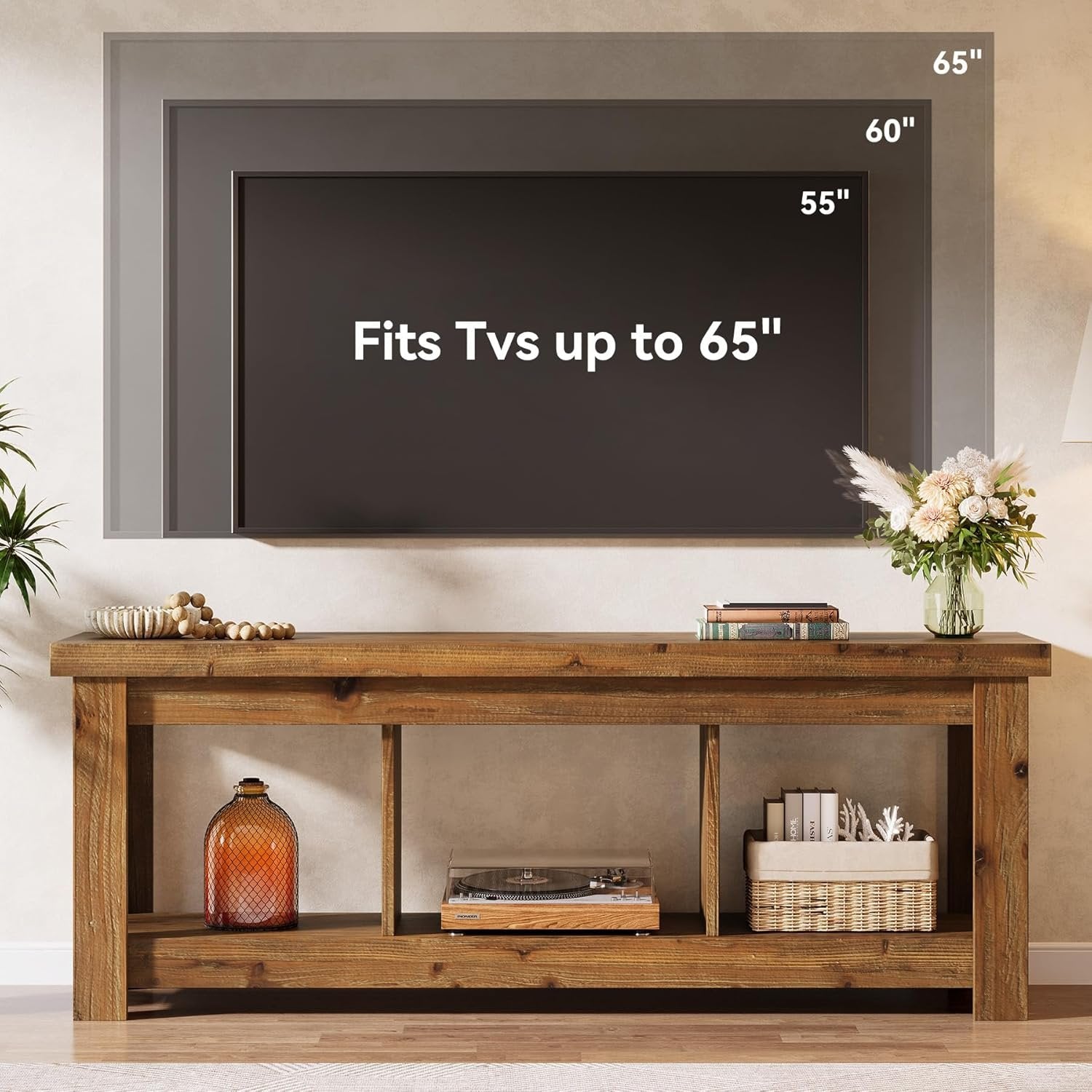 63" Solid Wood TV Stand With 3 Open Shelves for 55/60/65/75-Inch TVs