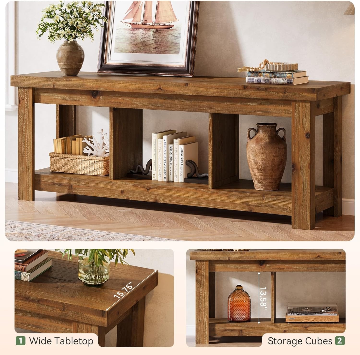 63" Solid Wood TV Stand With 3 Open Shelves for 55/60/65/75-Inch TVs