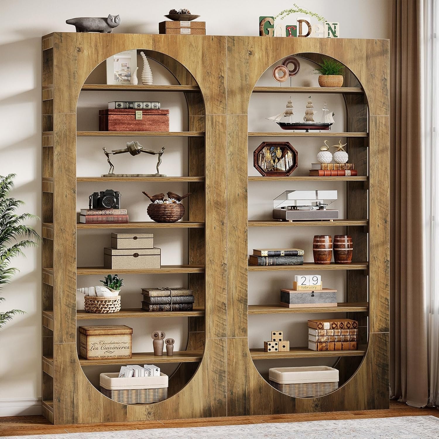 70.8" Tall Bookcase, 8-Tier Wood Arched Bookshelf Etagere with Storage