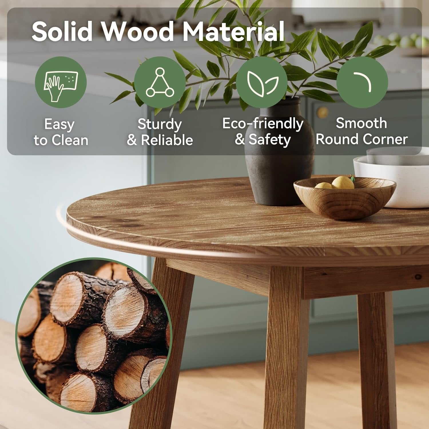 Solid Wood Round Dining Table, 31.5" Farmhouse Kitchen Table for 2-4