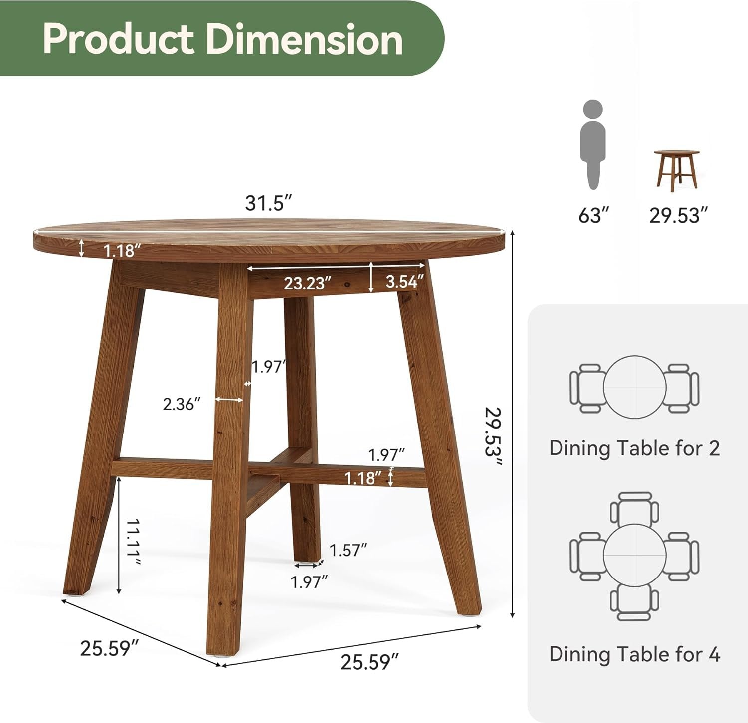 31.5" Solid Wood Conference Table, Small Round Office Table for 2-4