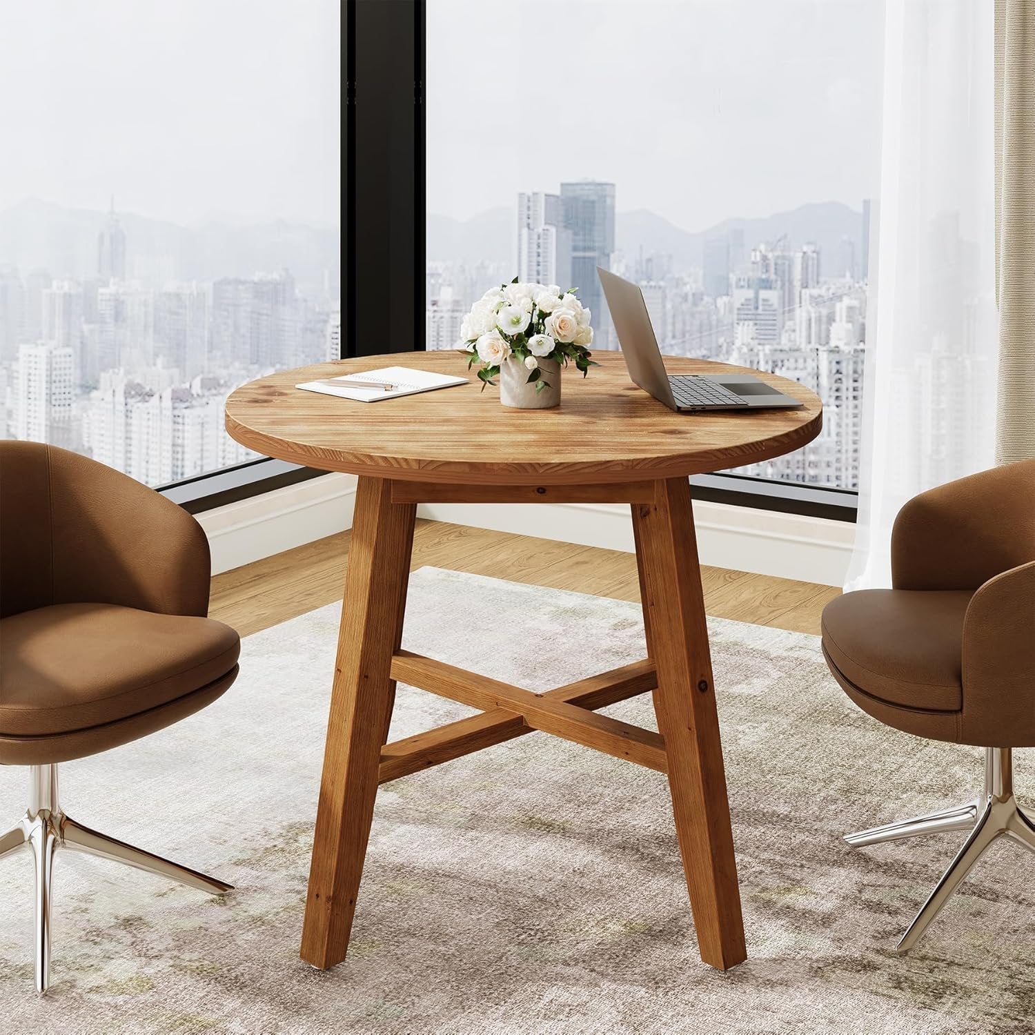 31.5" Solid Wood Conference Table, Small Round Office Table for 2-4