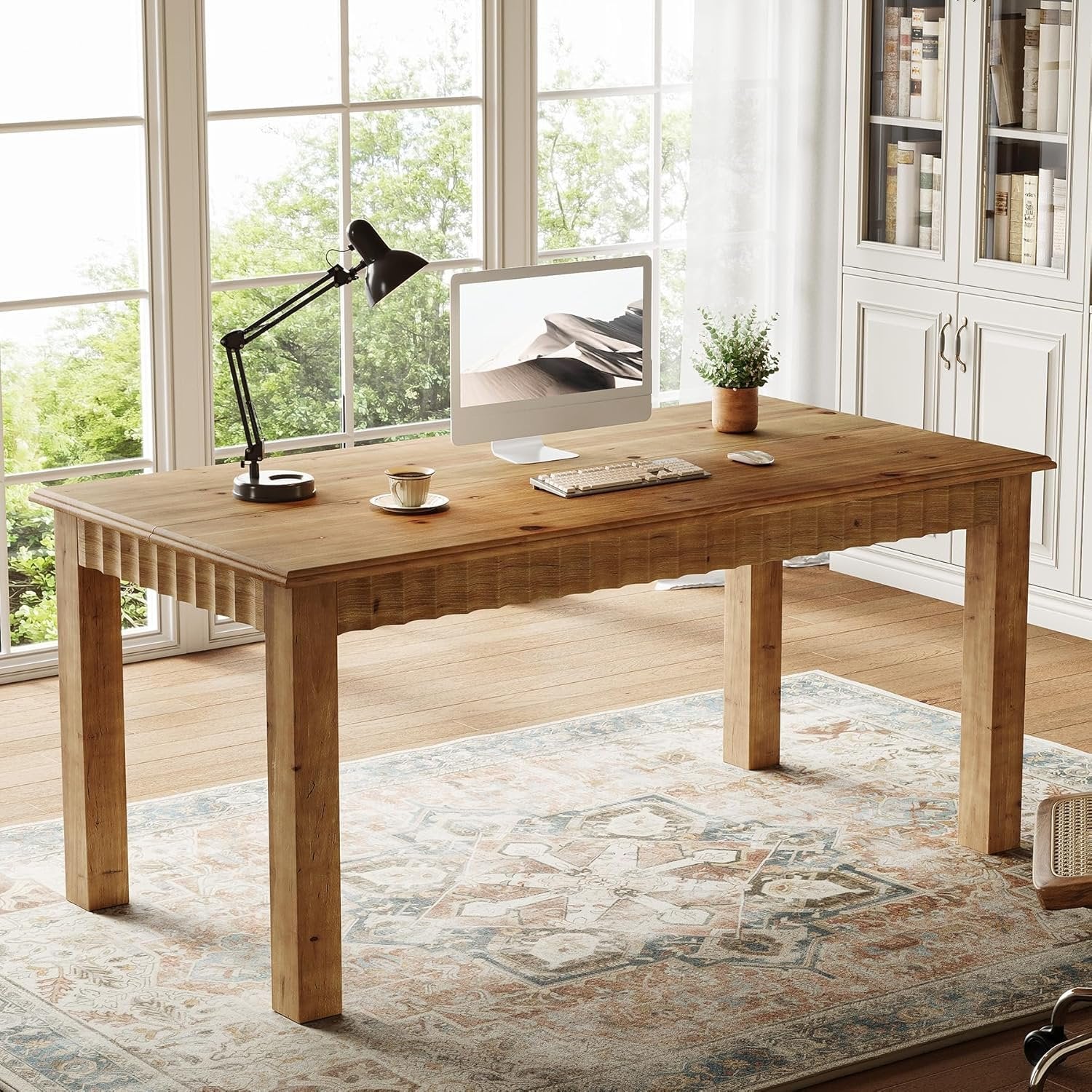 Solid Wood Computer Desk, 63" Home Office Desk with Sturdy Legs