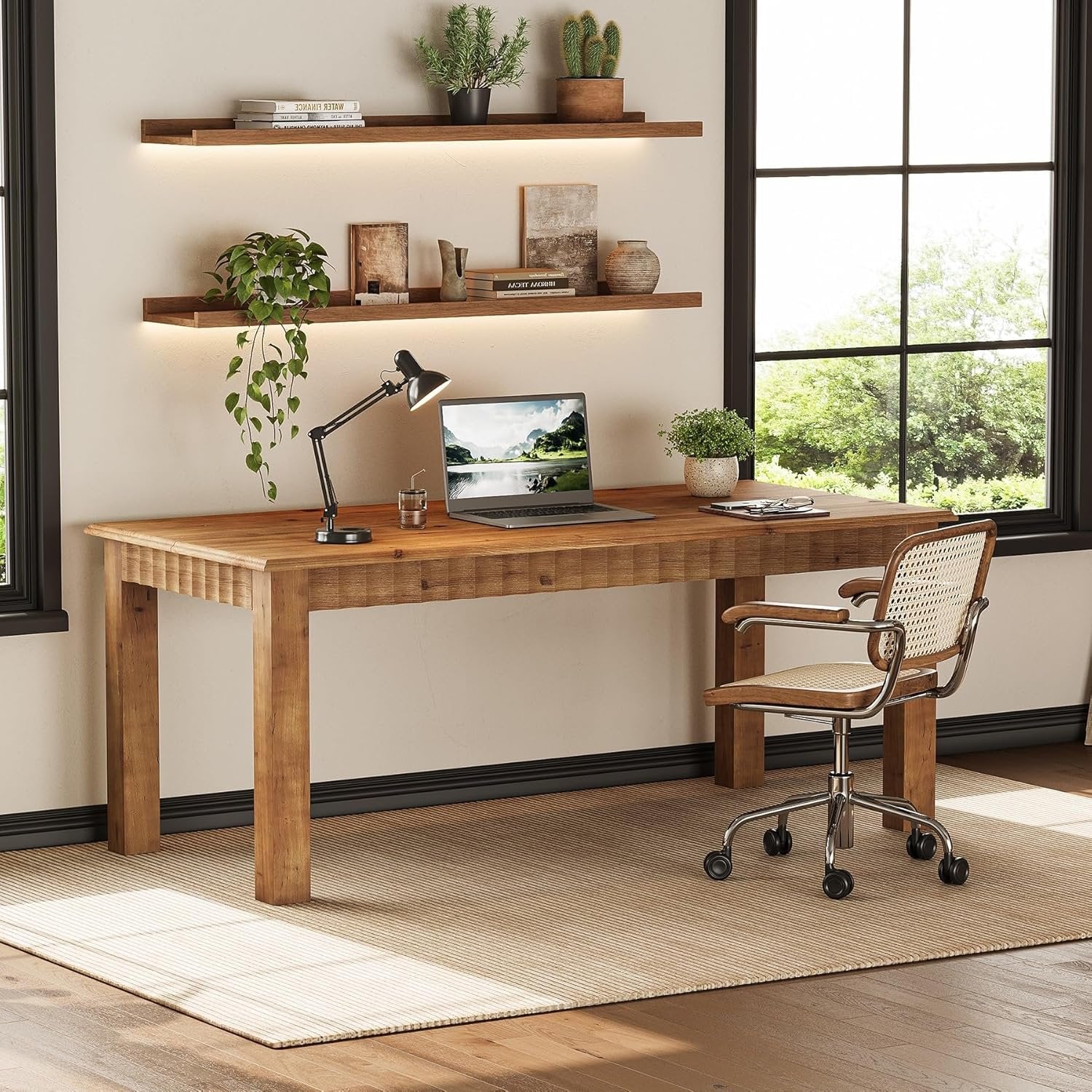 Solid Wood Computer Desk, 63" Home Office Desk with Sturdy Legs