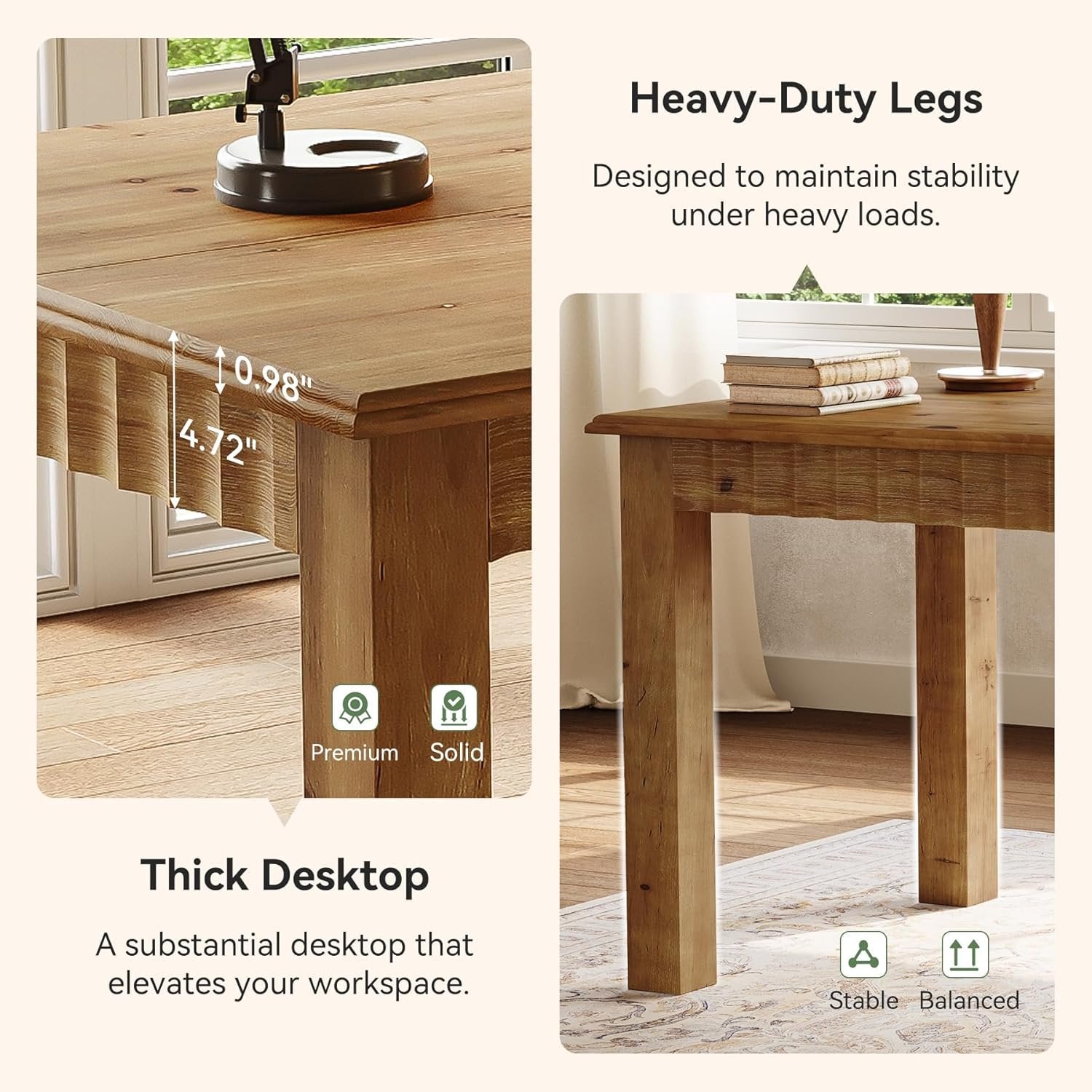 Solid Wood Computer Desk, 63" Home Office Desk with Sturdy Legs