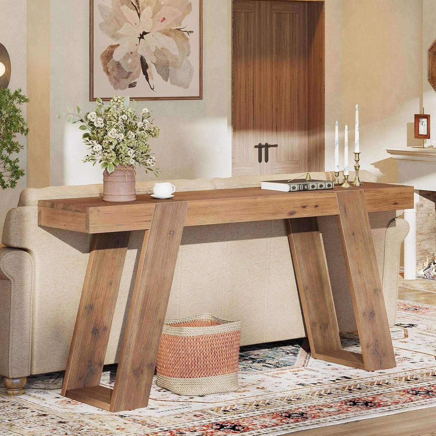 Solid Wood Console Table, 63" Narrow Sofa Table Behind Couch