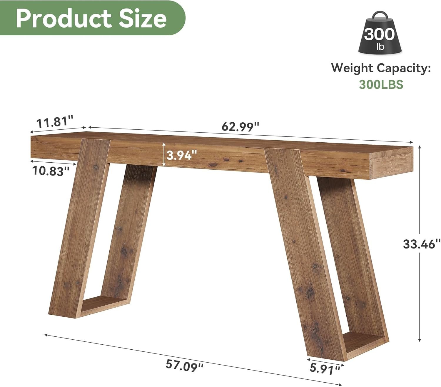 Solid Wood Console Table, 63" Narrow Sofa Table Behind Couch