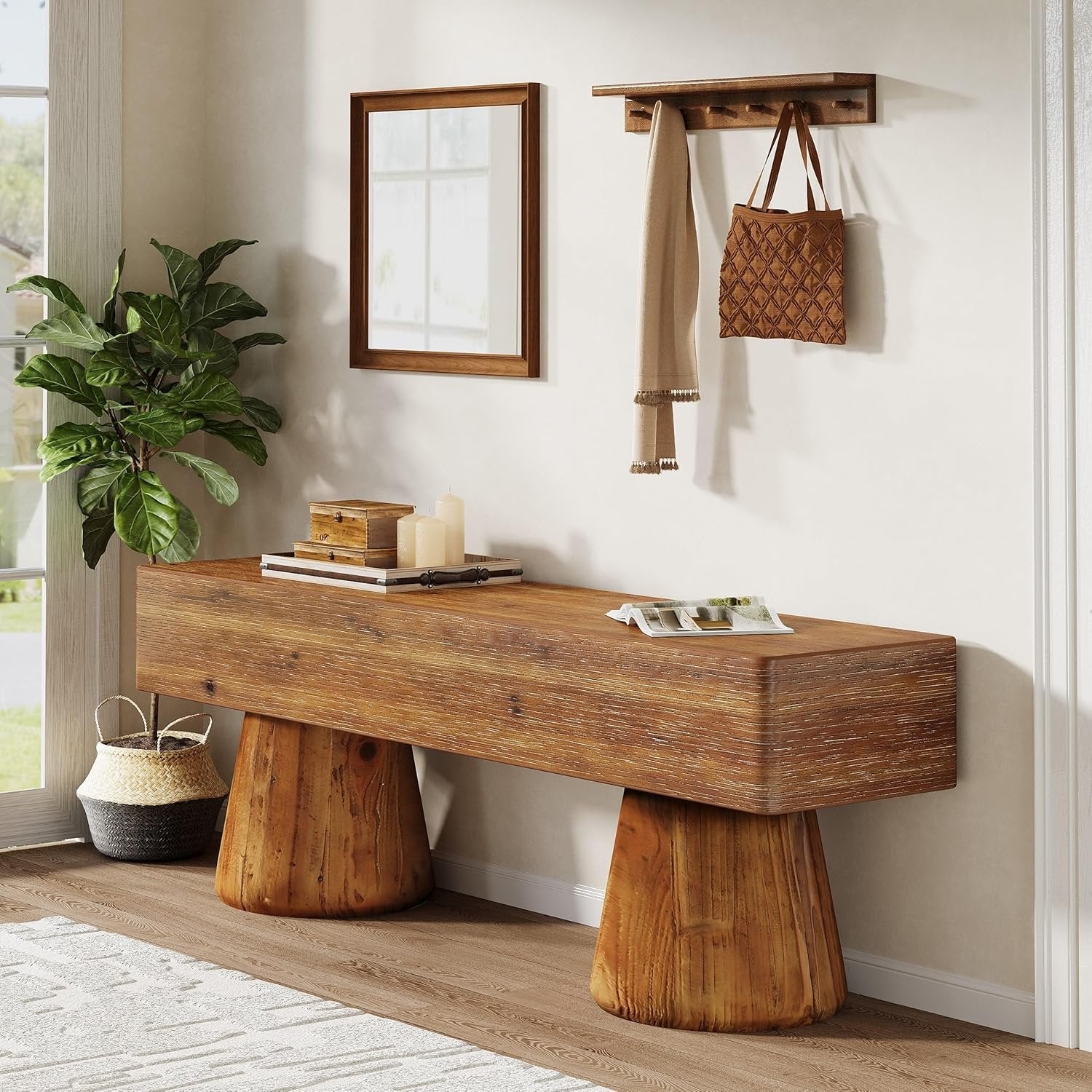 Solid Wood Entryway Shoe Bench, Farmhouse End of Bed Bench with Bucket Legs