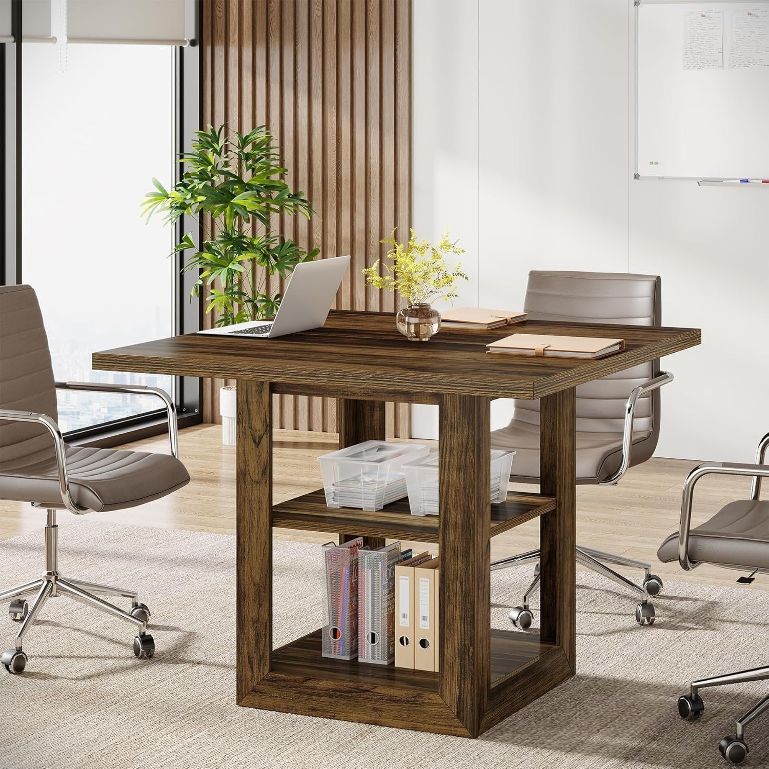 Square Conference Table for 4 People, 31.1" Meeting Table with 2-Tier Storage Shelf