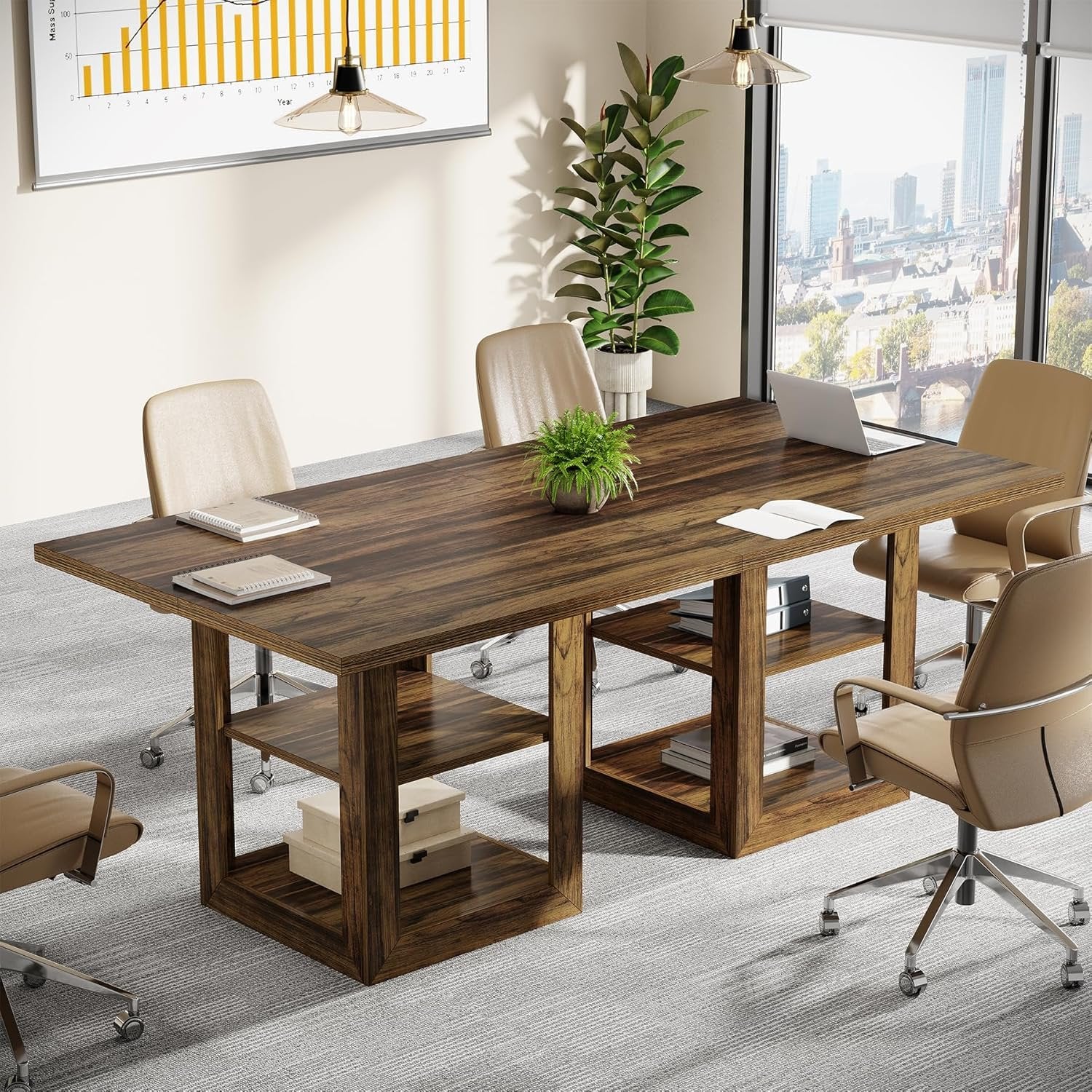 Square Conference Table for 4 People, 31.1" Meeting Table with 2-Tier Storage Shelf