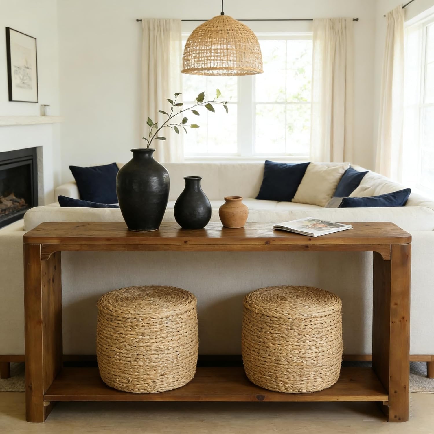 63" Solid Wood Console Table, Farmhouse Sofa Table Entryway Table with 2-Tier Storage