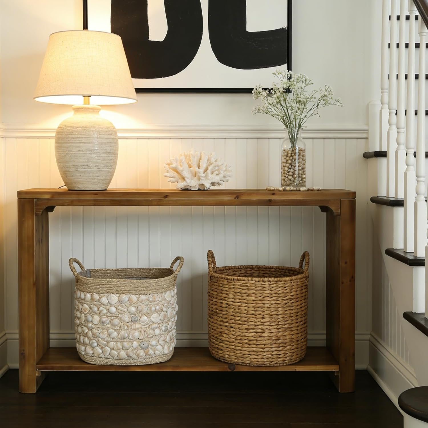 63" Solid Wood Console Table, Farmhouse Sofa Table Entryway Table with 2-Tier Storage