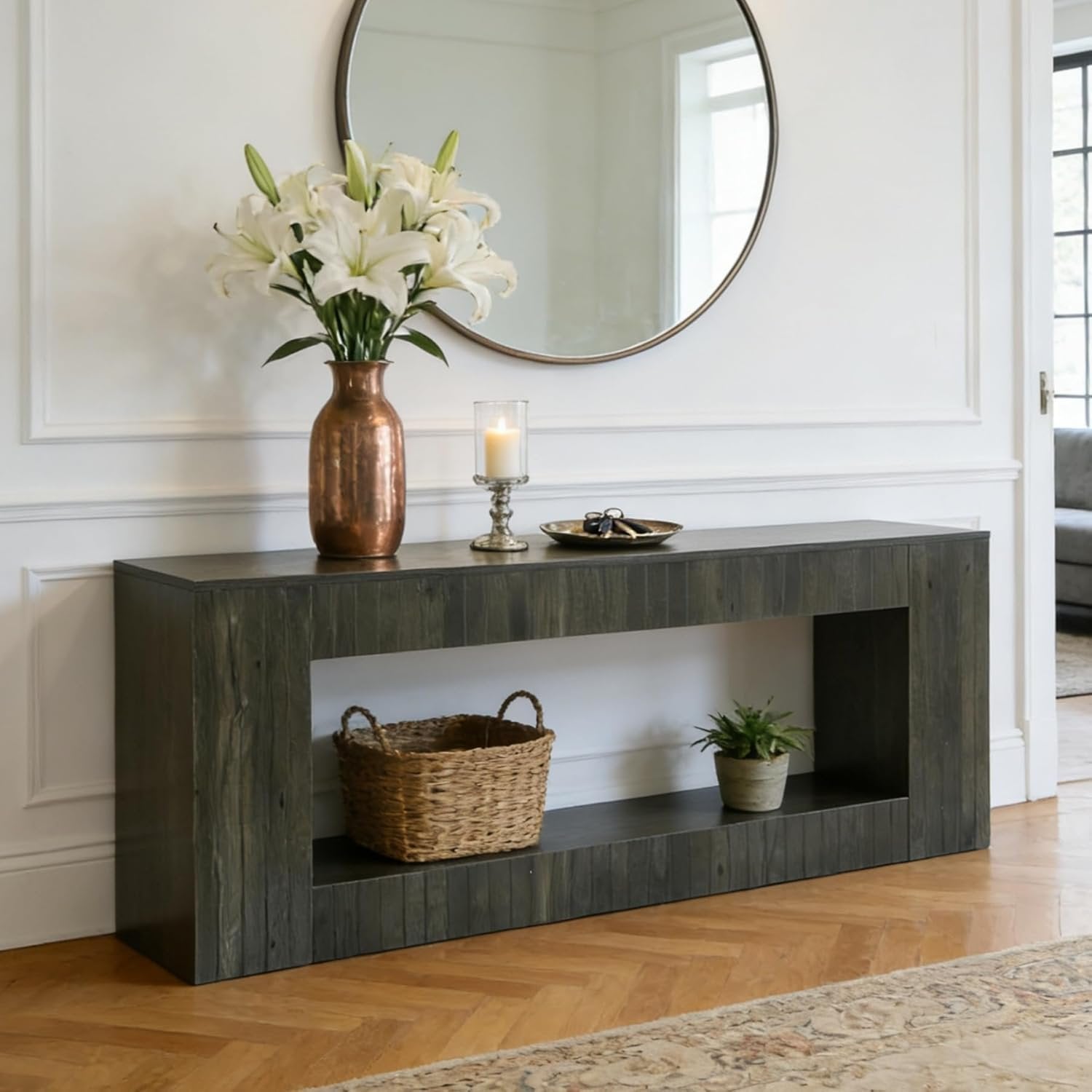 63“ Low Sofa Console Table, 2-Tier Wooden Entryway Table with Storage Shelf