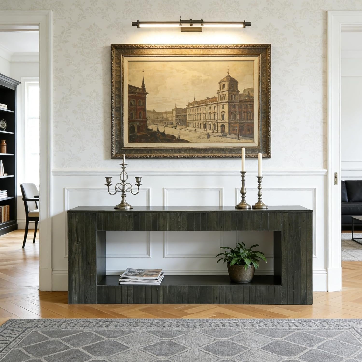 63“ Low Sofa Console Table, 2-Tier Wooden Entryway Table with Storage Shelf