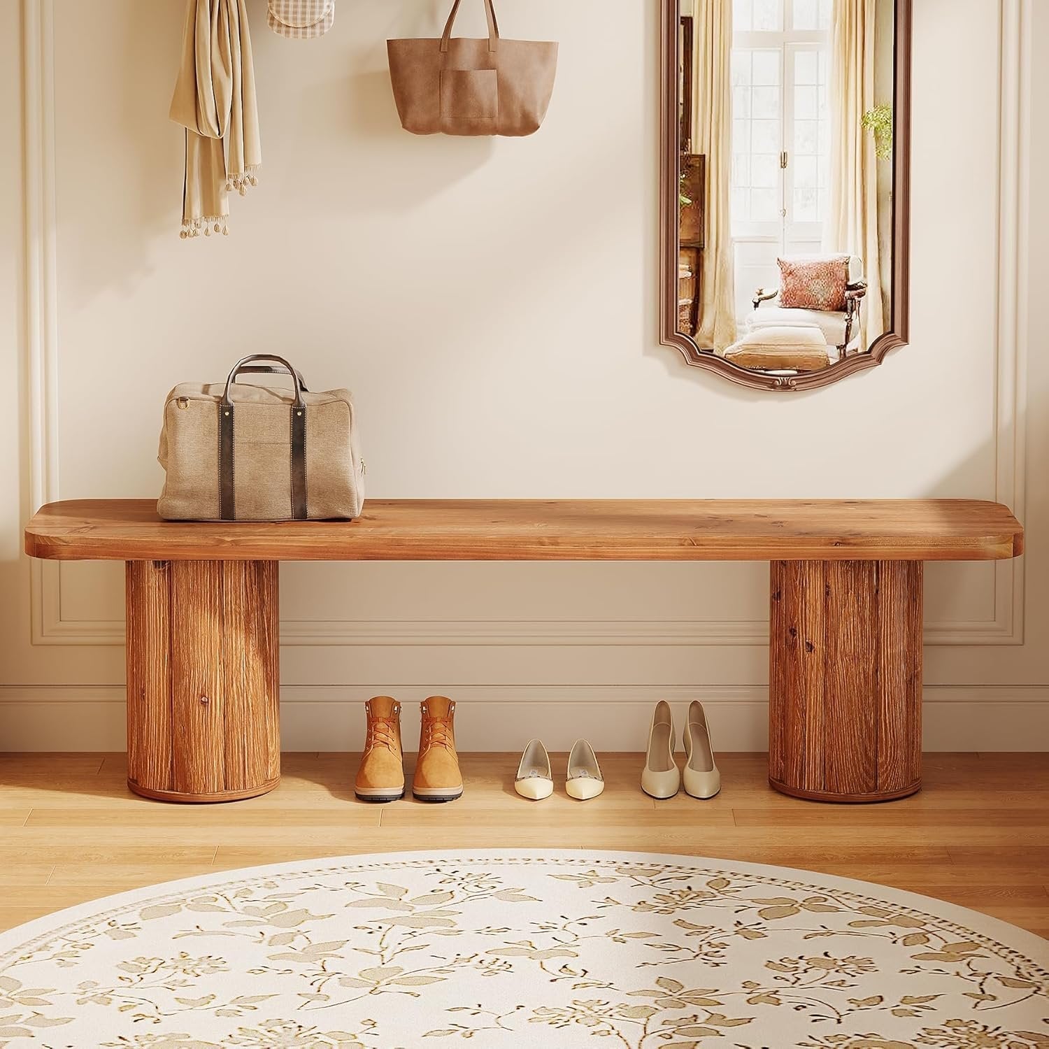 63" Solid Wood Bench, Farmhouse Entryway Bench End of Bed Bench