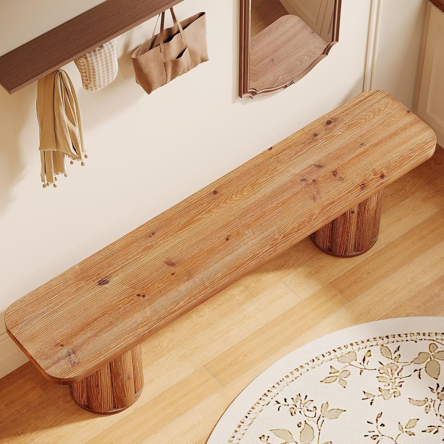 63" Solid Wood Bench, Farmhouse Entryway Bench End of Bed Bench