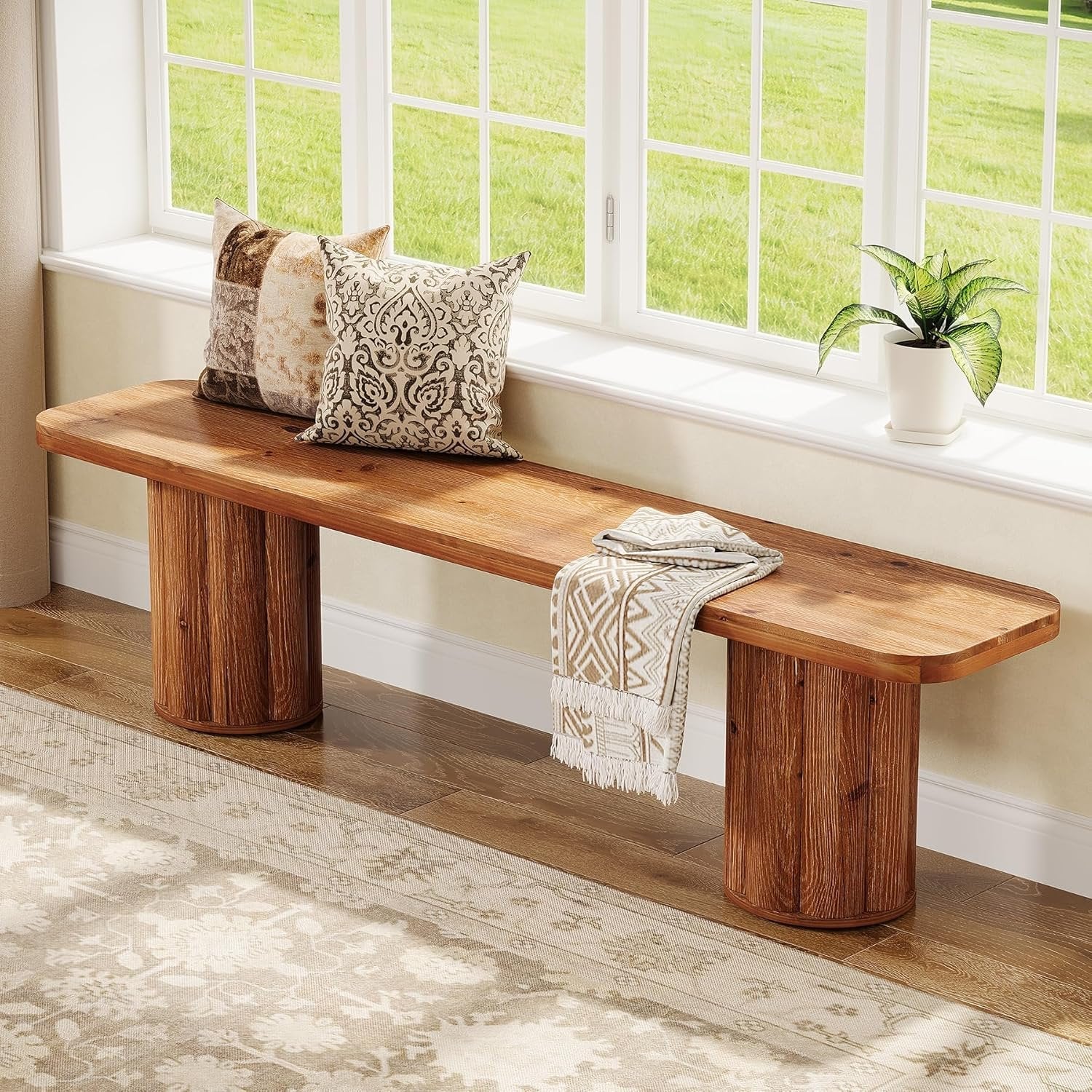 63" Solid Wood Bench, Farmhouse Entryway Bench End of Bed Bench