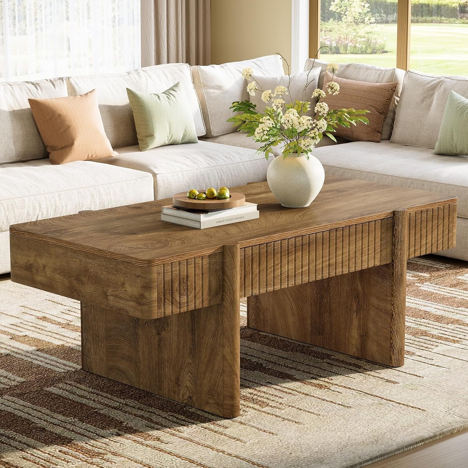 47.2" Rectangle Coffee Table, Wooden Center Table with 2 Storage Drawers