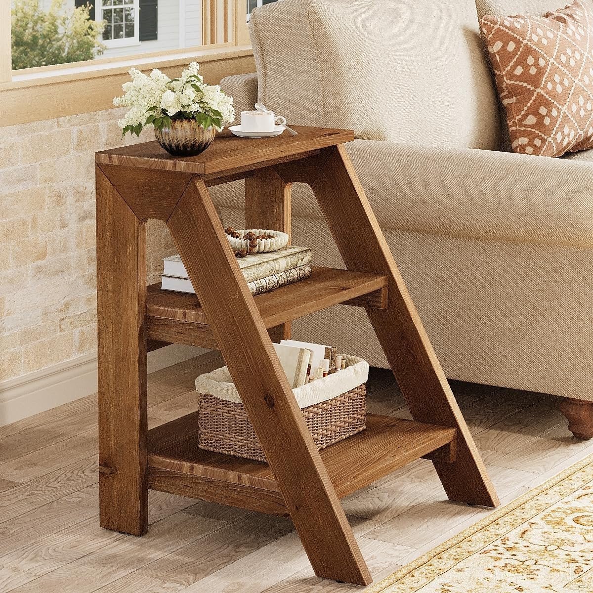 Solid Wood End Table, 3-Tier Farmhouse Side Table with Shelves