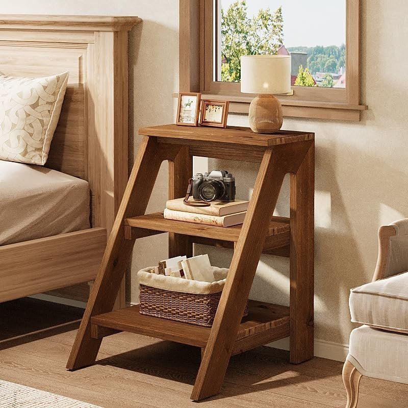 Solid Wood End Table, 3-Tier Farmhouse Side Table with Shelves