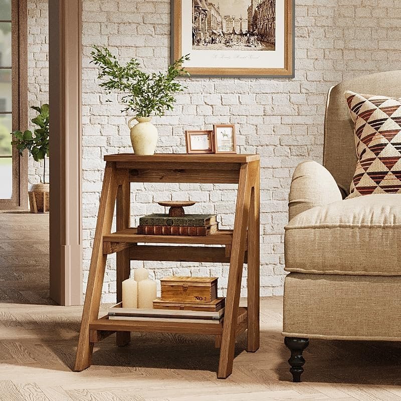 Solid Wood End Table, 3-Tier Farmhouse Side Table with Shelves