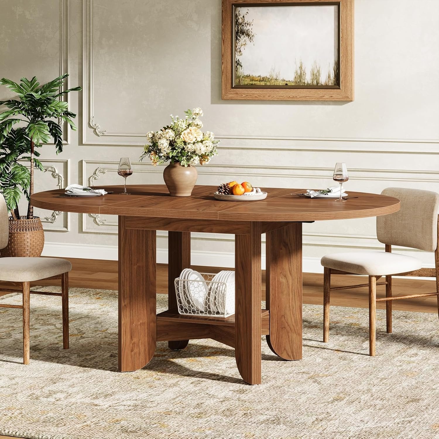 59" Dining Table for 4-6, Modern Oval Kitchen Table with Storage Shelf