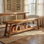 63" Wood Dining Room Bench, Farmhouse Kitchen Bench Seating with Storage Shelf