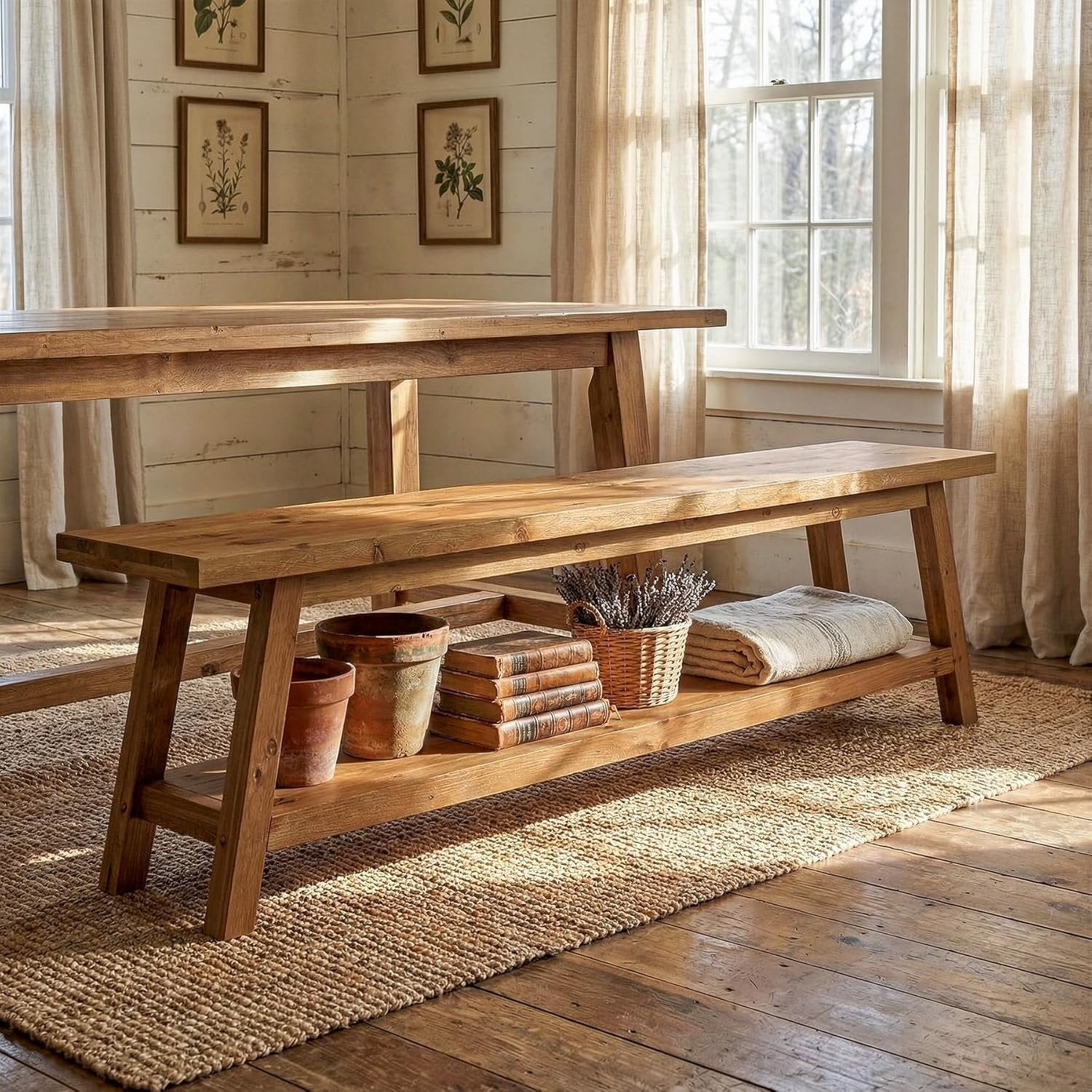 63" Wood Dining Room Bench, Farmhouse Kitchen Bench Seating with Storage Shelf