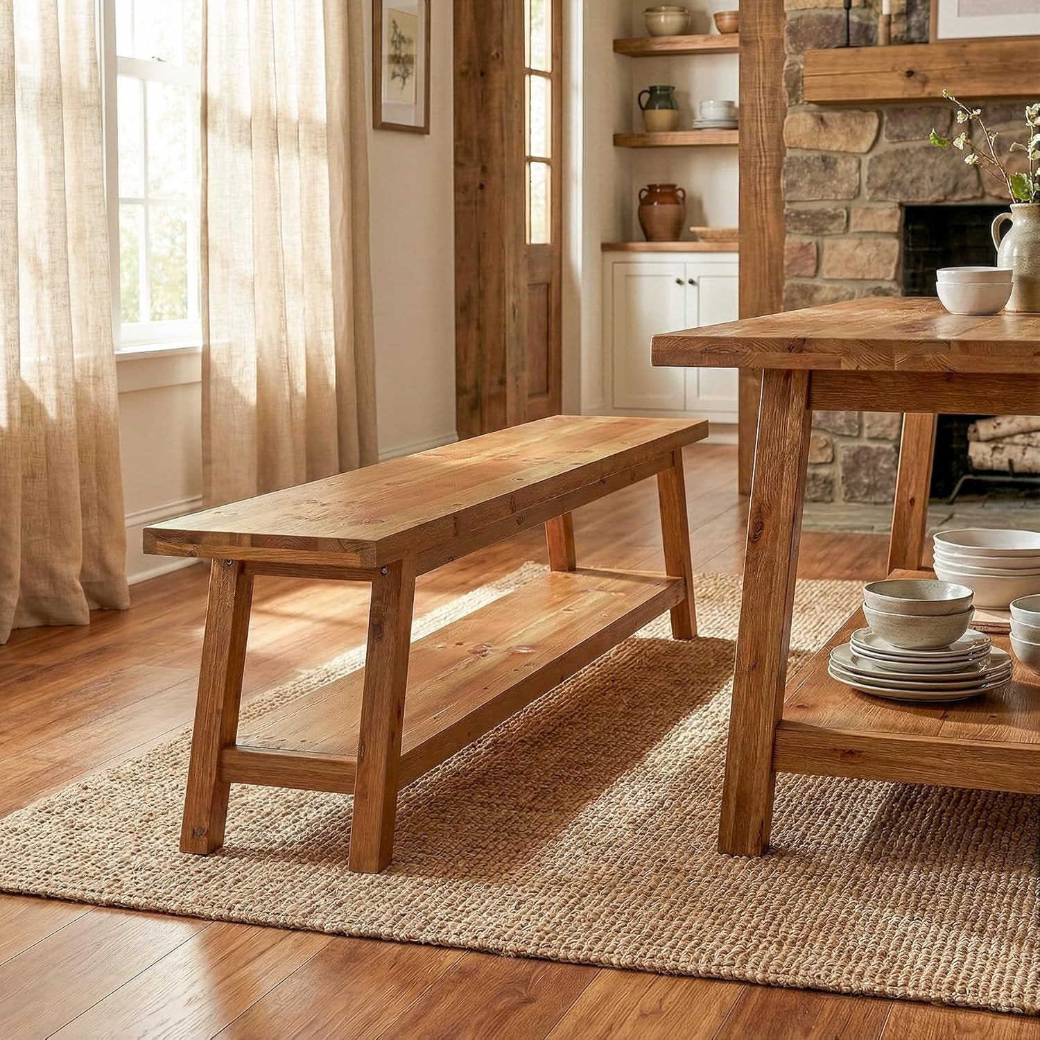 63" Wood Dining Room Bench, Farmhouse Kitchen Bench Seating with Storage Shelf