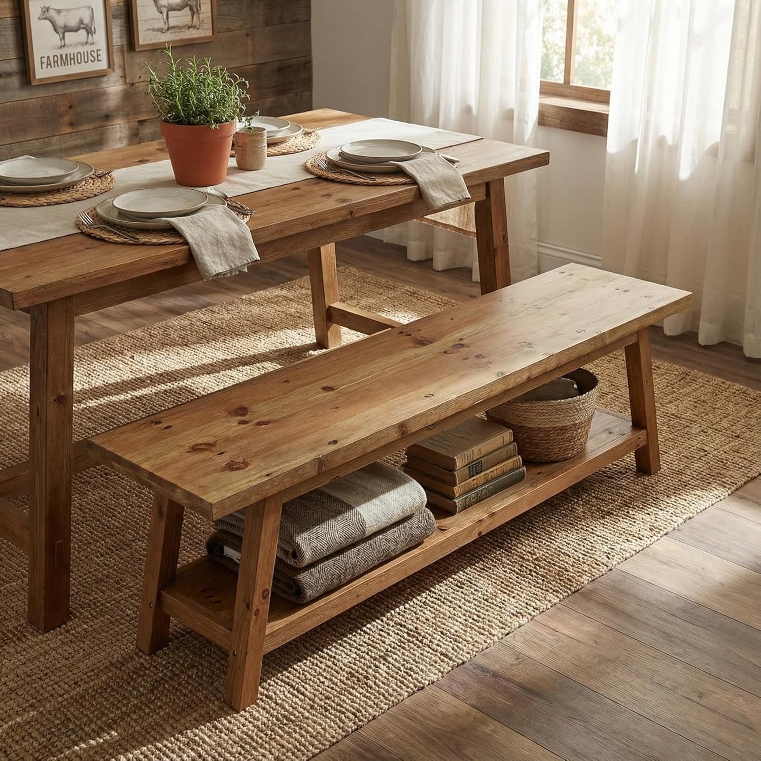 63" Wood Dining Room Bench with Storage Shelf - Thumbnail 2