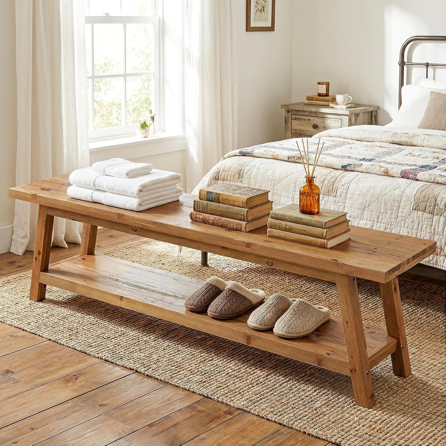 63" Wood Dining Room Bench with Storage Shelf