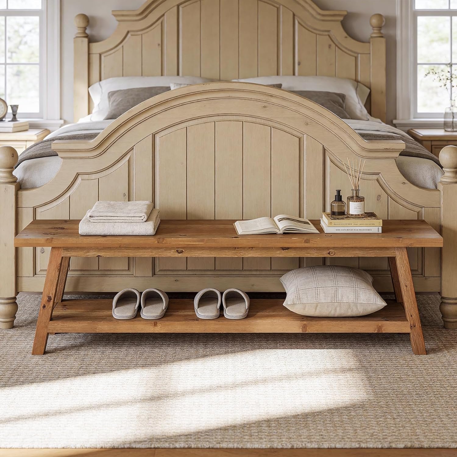 63" Wood Dining Room Bench, Farmhouse Kitchen Bench Seating with Storage Shelf