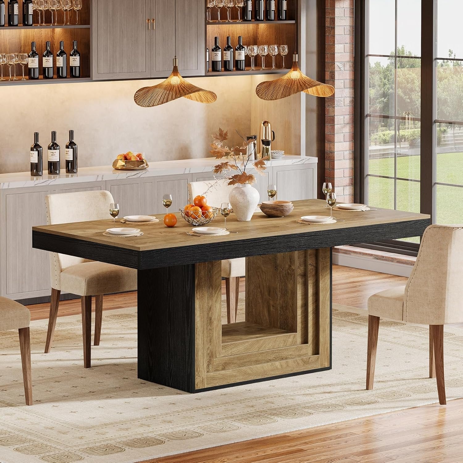 63" Farmhouse Dining Table, Rectangle Kitchen Dinner Table for 4-6 People