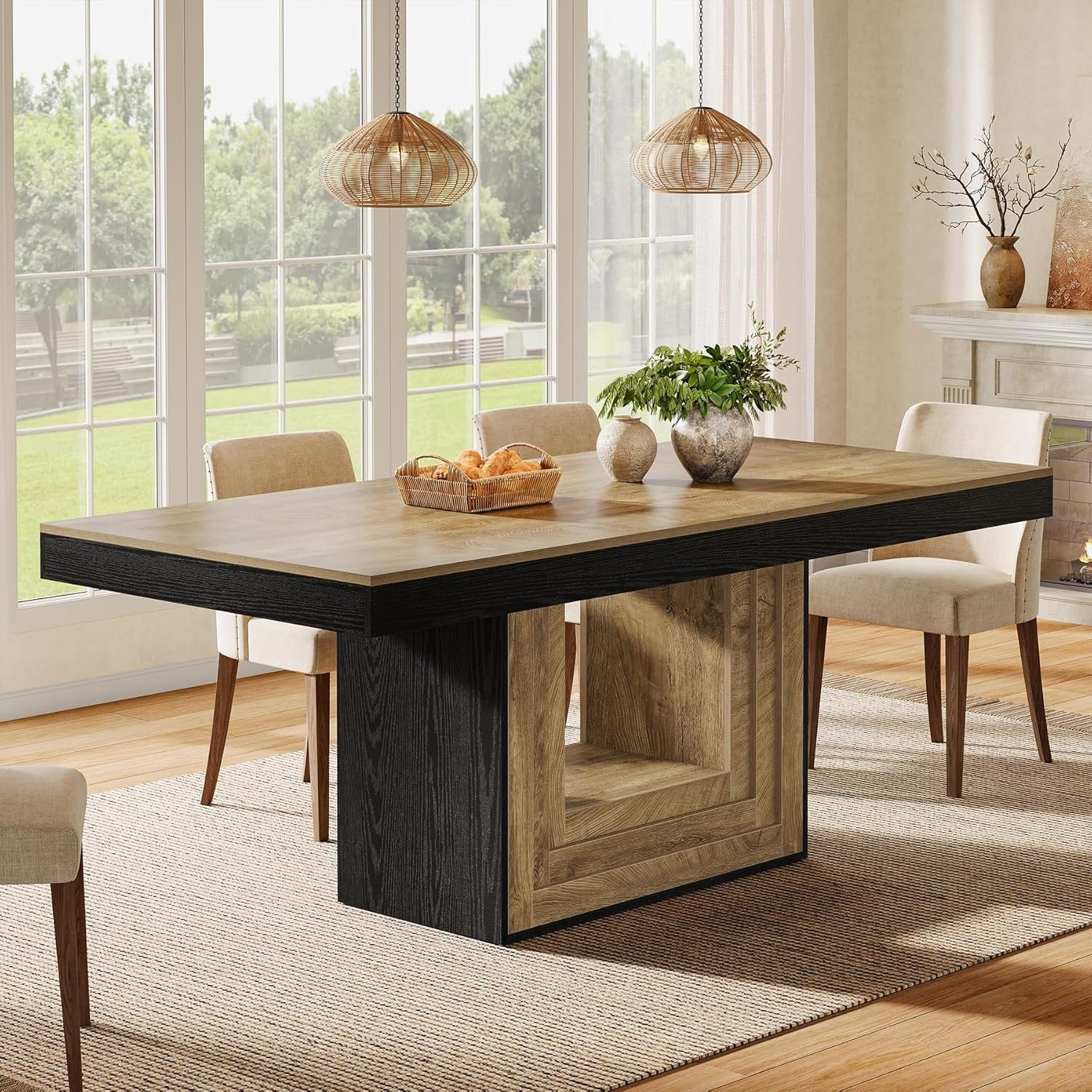 63" Farmhouse Dining Table, Rectangle Kitchen Dinner Table for 4-6 People