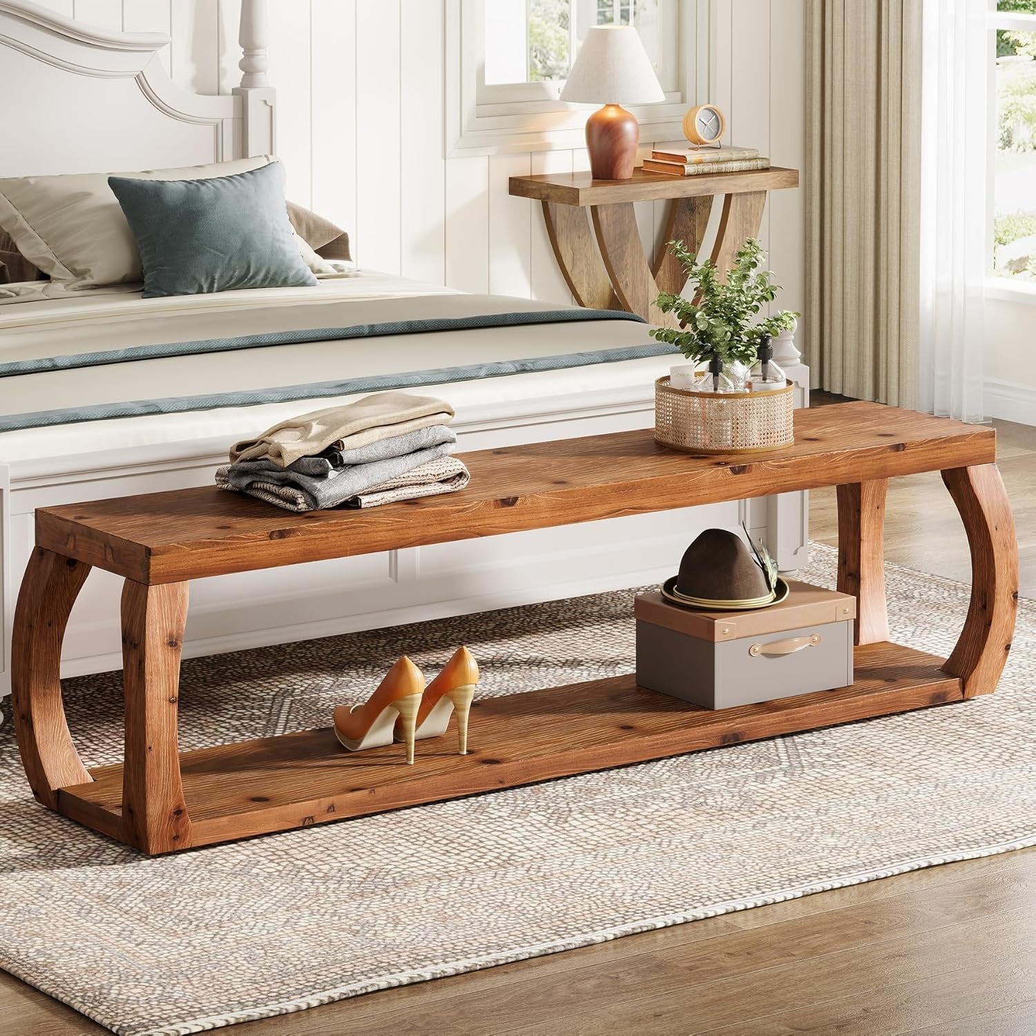 59" Solid Wood Entryway Bench,2-Tier Shoe Bench End of Bed Bench with Open Shelves