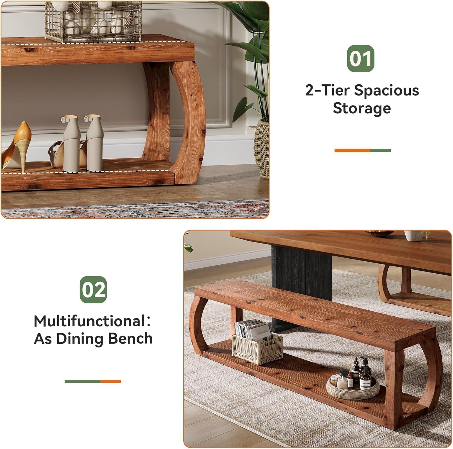 59" Solid Wood Entryway Bench,2-Tier Shoe Bench End of Bed Bench with Open Shelves