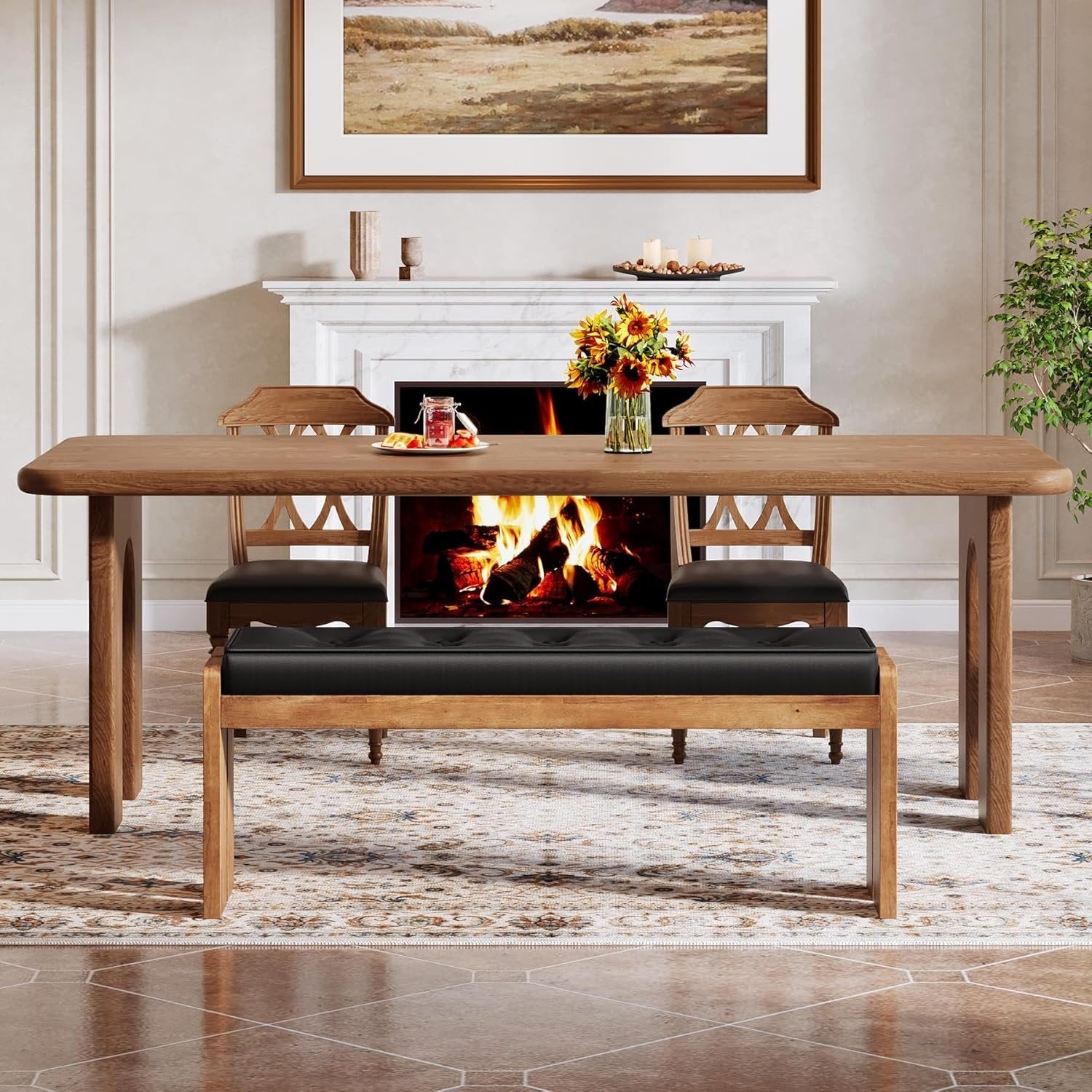 47" Wood Dining Bench, Modern Kitchen Table Bench with Button-Tufted Leather Pad