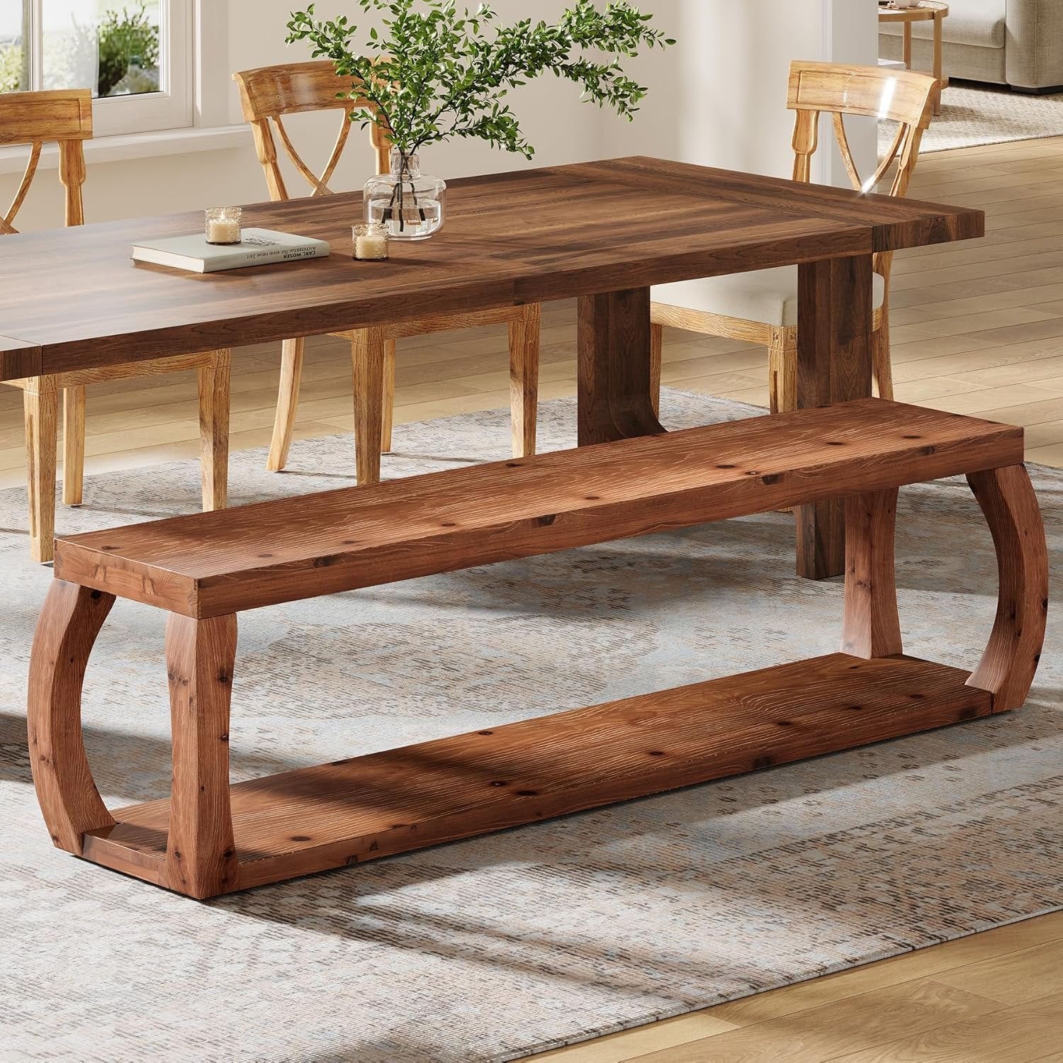 2-Tier Solid Wood Dining Bench, 59" Farmhouse Entryway Bench with Open Shelves