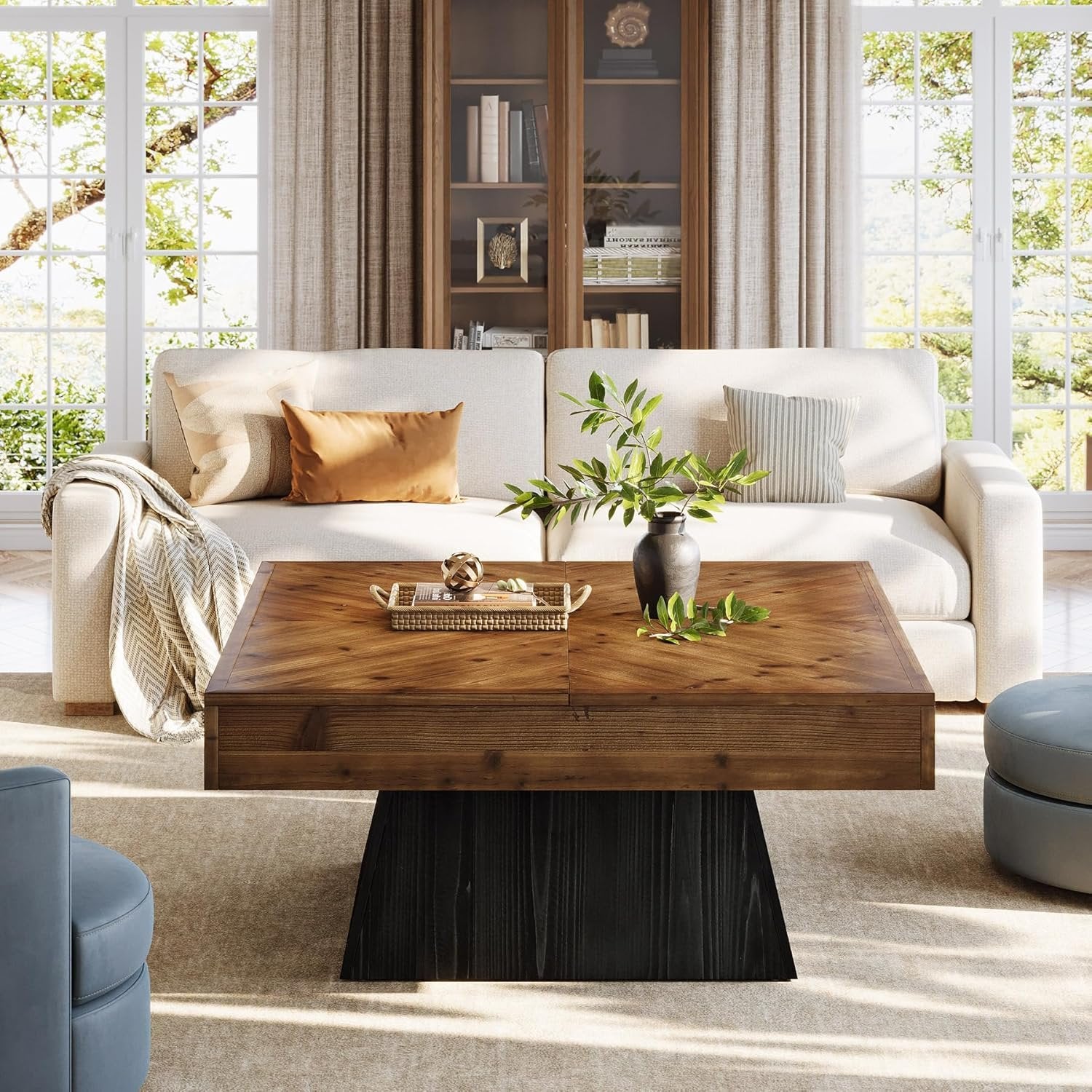 Solid Wood Square Coffee Table, 39.4" Center Cocktail Table with Geometric Base