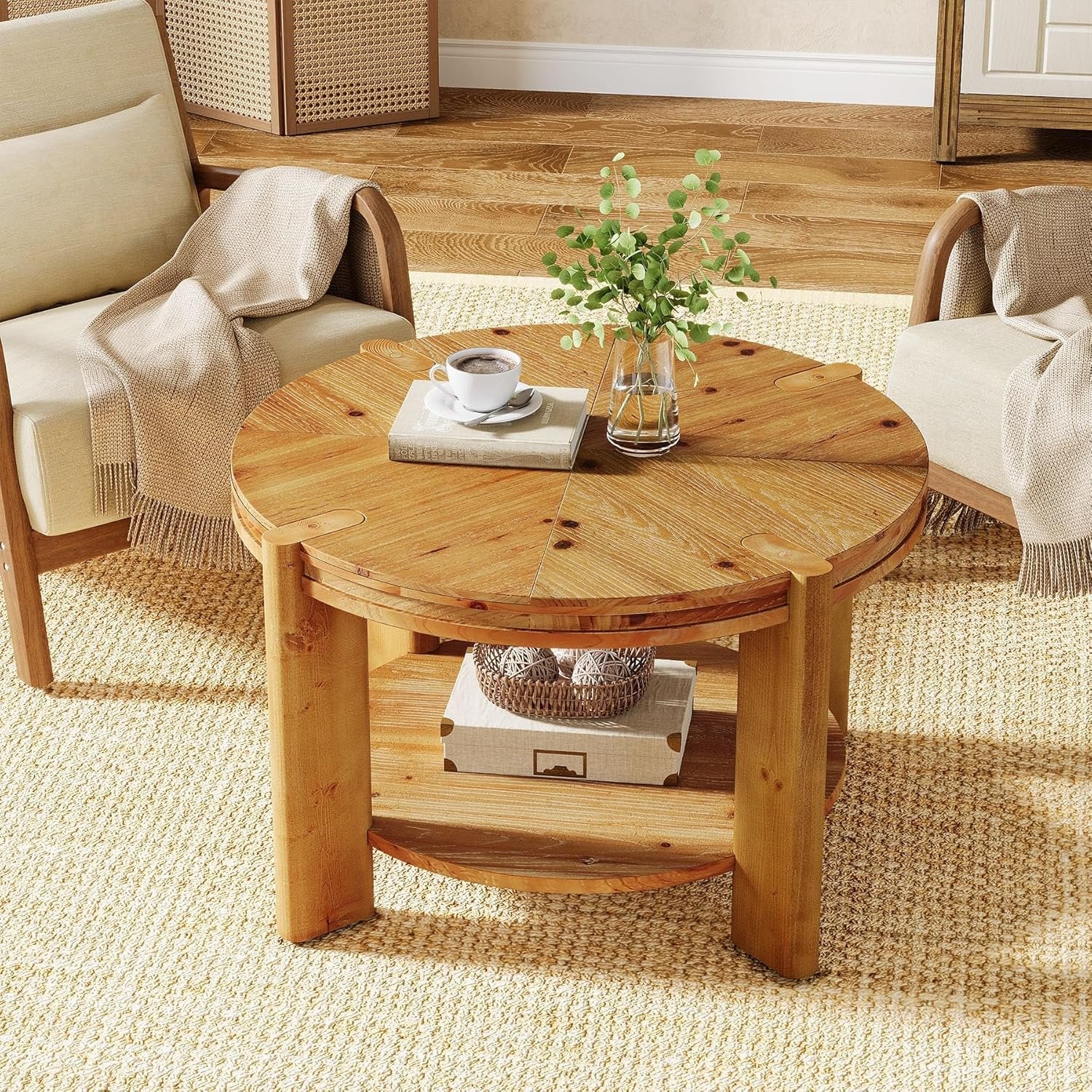 29.5" Round Coffee Table, Farmhouse Solid Wood Accent Center Tables with Shelf