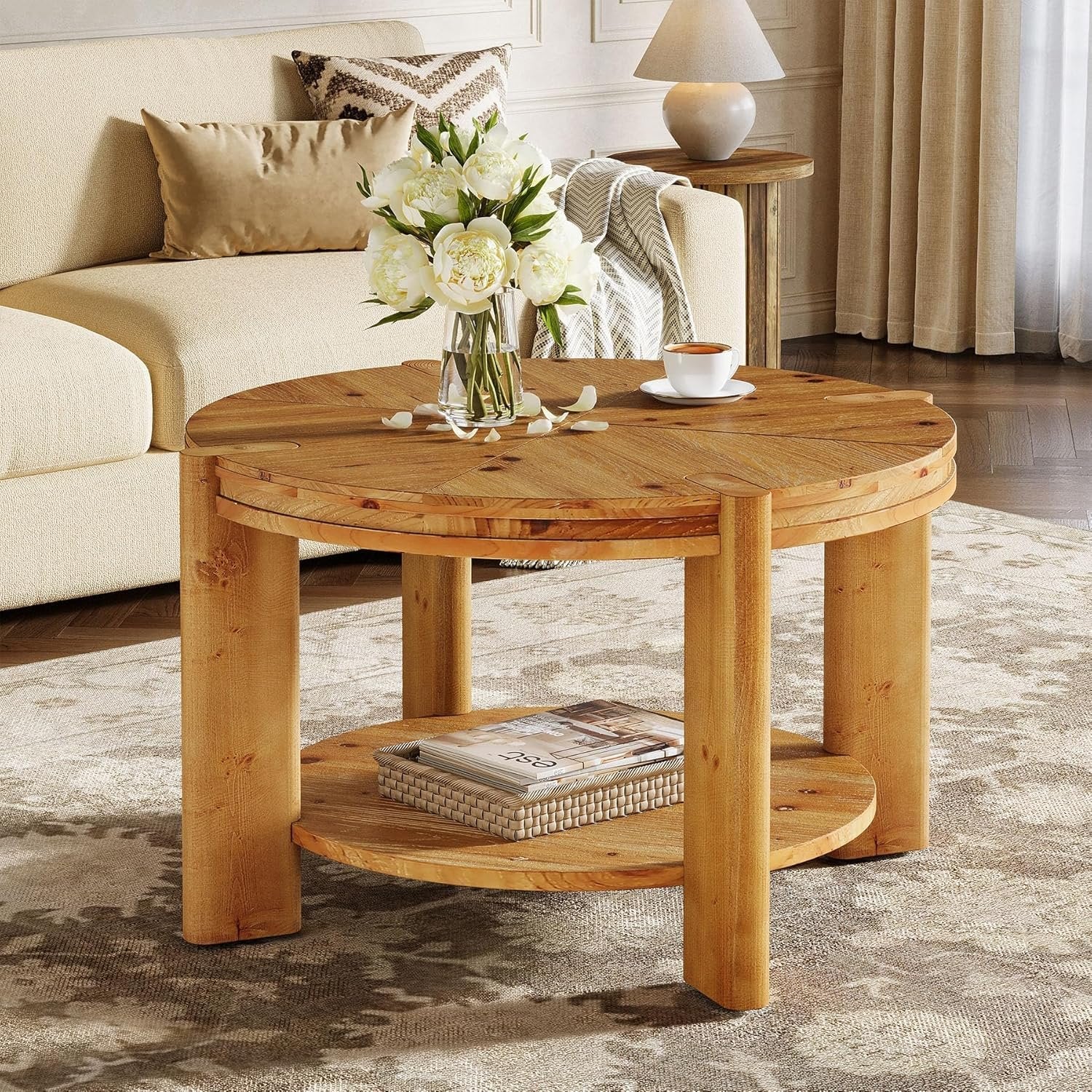 29.5" Round Coffee Table, Farmhouse Solid Wood Accent Center Tables with Shelf