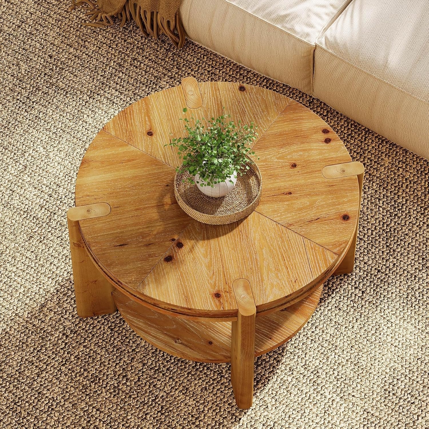 29.5" Round Coffee Table, Farmhouse Solid Wood Accent Center Tables with Shelf