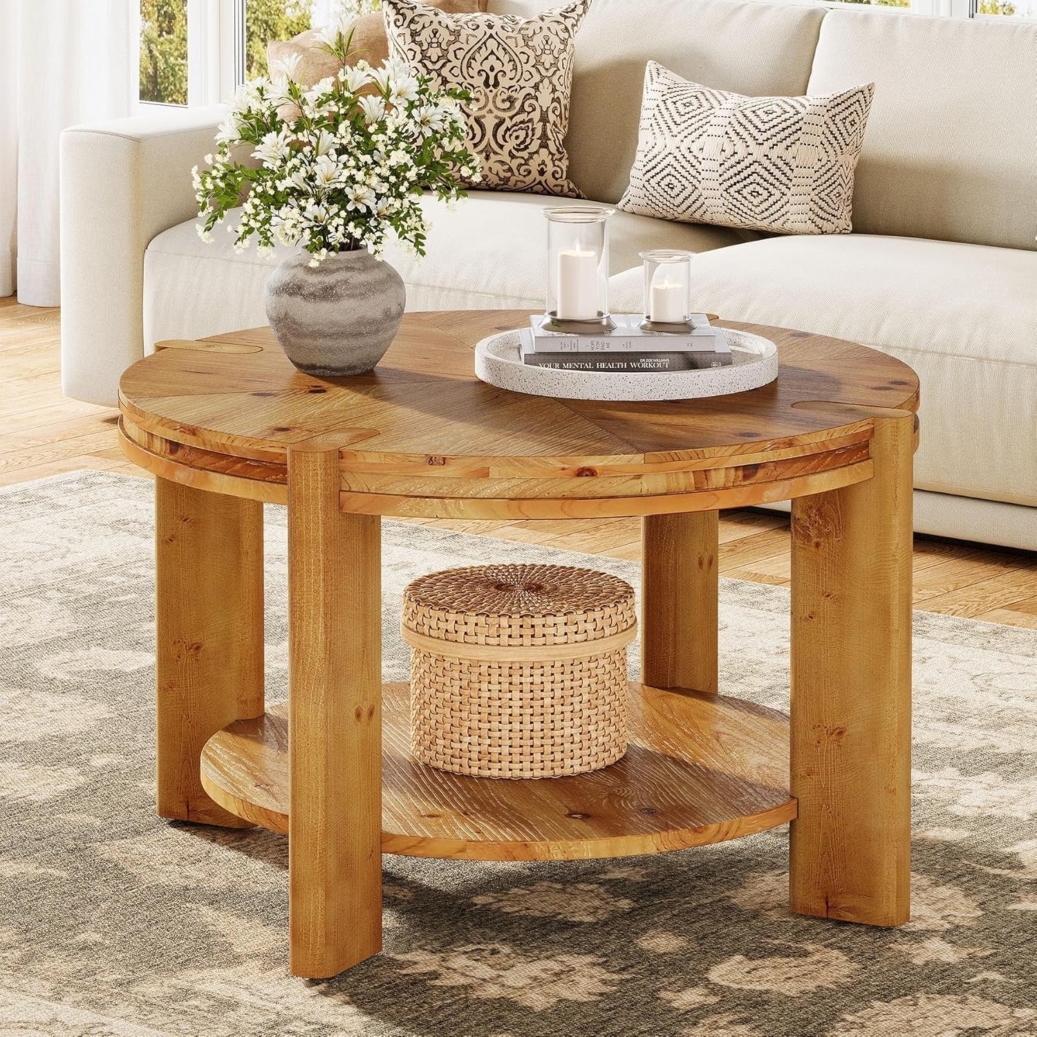 29.5" Round Coffee Table, Farmhouse Solid Wood Accent Center Tables with Shelf
