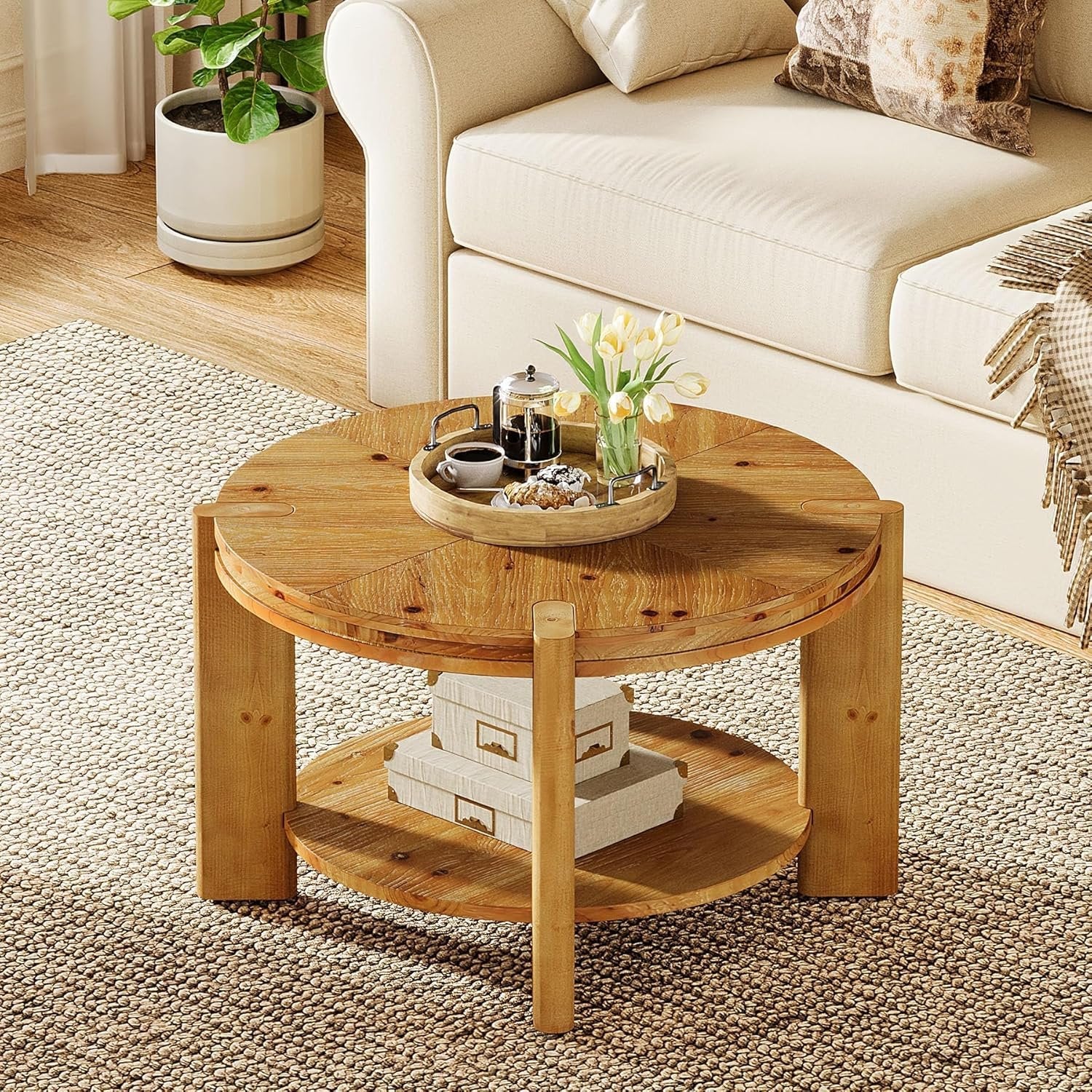 29.5" Round Coffee Table, Farmhouse Solid Wood Accent Center Tables with Shelf