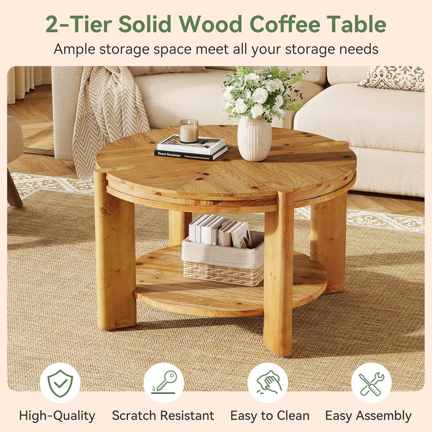 29.5" Round Coffee Table, Farmhouse Solid Wood Accent Center Tables with Shelf