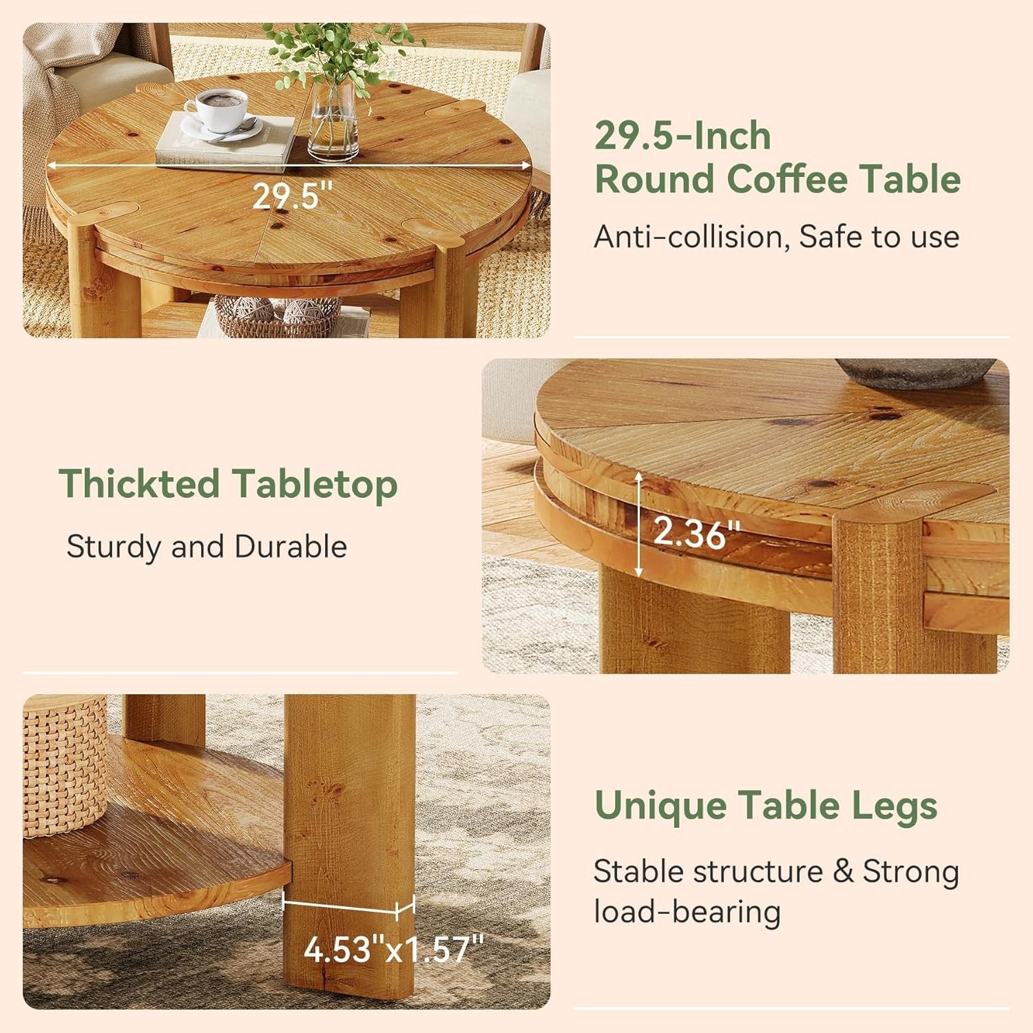 29.5" Round Coffee Table, Farmhouse Solid Wood Accent Center Tables with Shelf