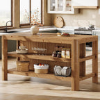 Solid Wood Kitchen Island, 63" Farmhouse Island Table with Storage Shelves