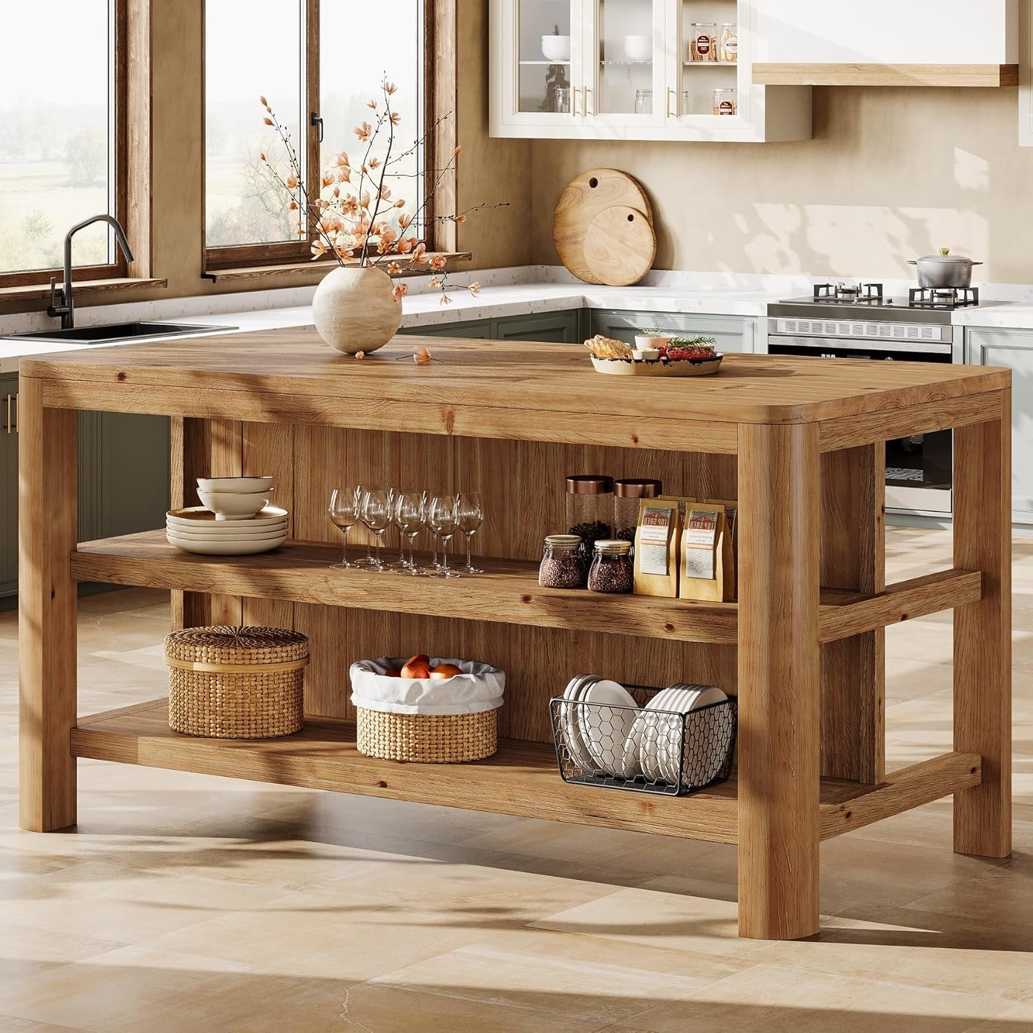 Solid Wood Kitchen Island, 63" Farmhouse Island Table with Storage Shelves