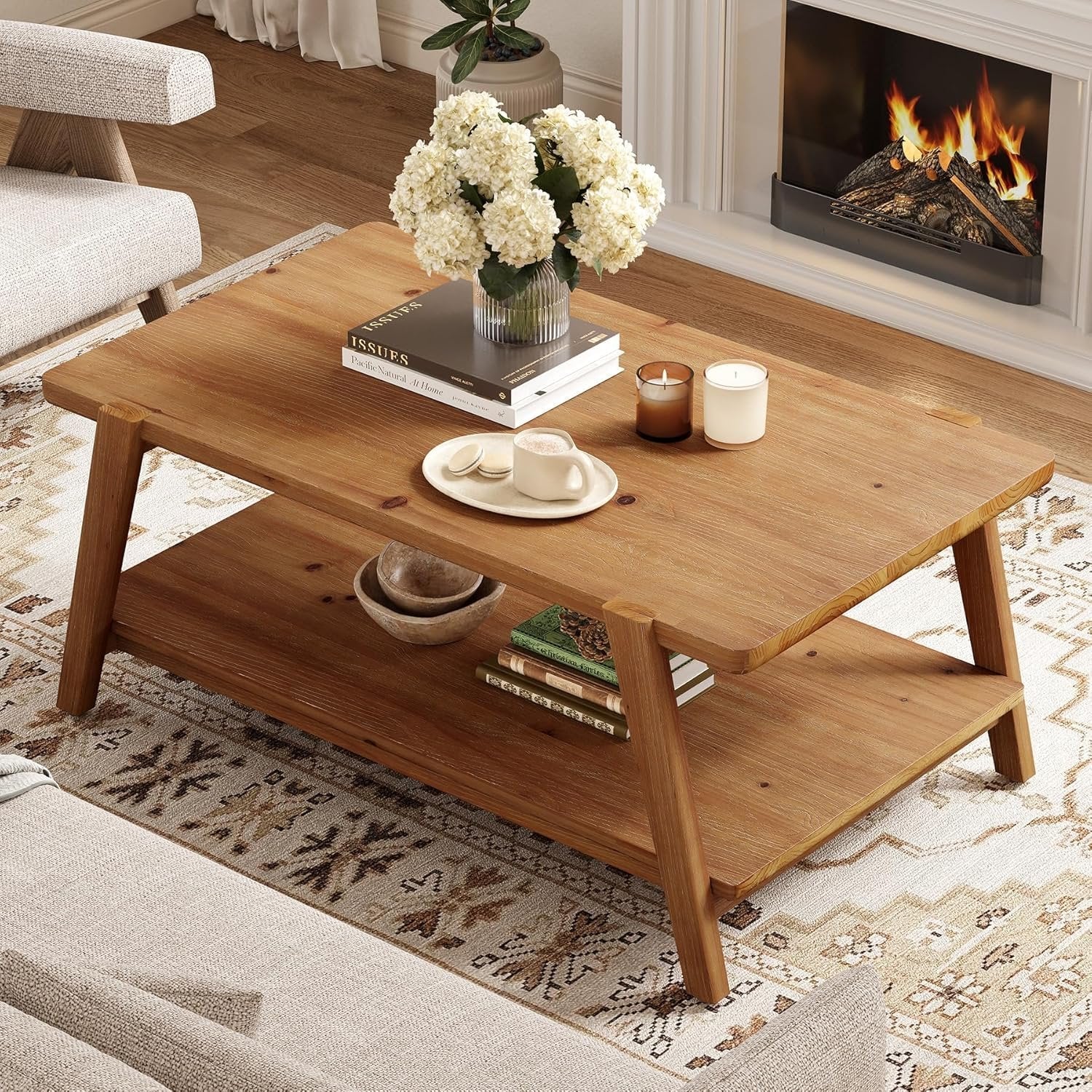 47" Farmhouse Coffee Table, 2-Tier Wood Rectangular Accent Center Cocktail Tea Table